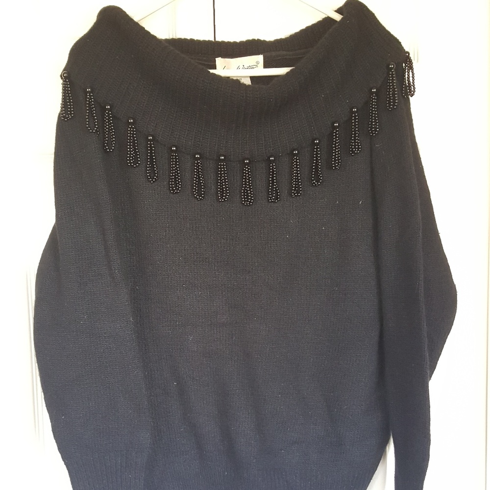 Laura Winston Black Beaded Off Shoulder Sweater M